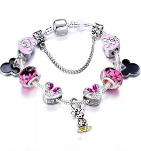 Pink 925  Sterling Silver Minnie Mouse Charm Bracelet