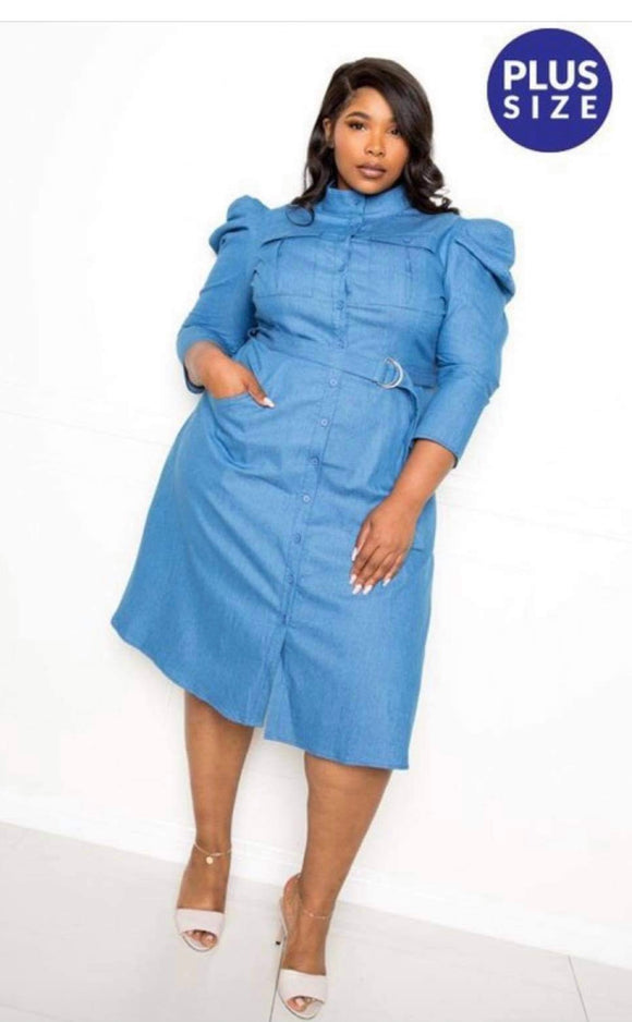 Puff-sleeved denim dress - Denim blue - Ladies | H&M IN